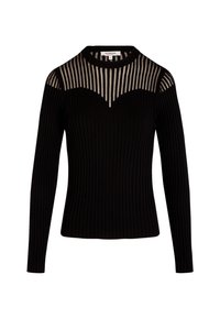 Maglione nero a coste con maniche lunghe, caratterizzato da un design del collo a strisce trasparenti, forma aderente e tessuto testurizzato.