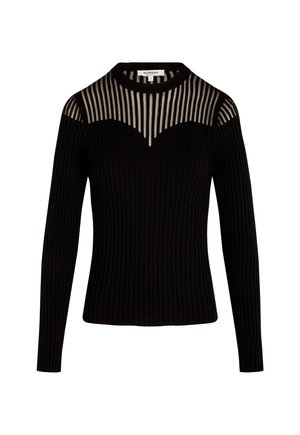 Maglione nero a coste con maniche lunghe, caratterizzato da un design del collo a strisce trasparenti, forma aderente e tessuto testurizzato.
