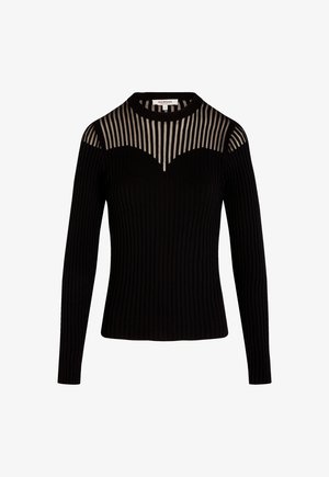 Pull noir à côtes avec des manches longues, présentant un col transparent à rayures, une coupe ajustée et un tissu texturé.