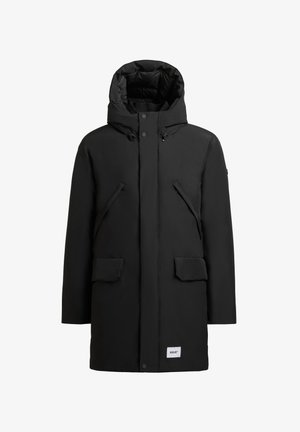 Black insulated parka with a hood, featuring two front pockets and a flap, crafted from a smooth, water-resistant fabric.