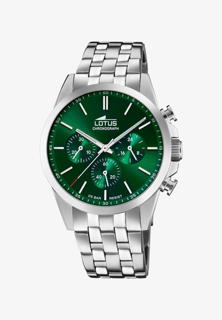 Silver stainless steel chronograph watch with a dark green textured dial, three sub-dials, and luminous markers. Features a metal link bracelet.