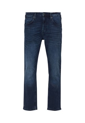 Ciemnoniebieskie, proste dżinsy z denimu, z przodem zapinanym na guziki, zamkiem błyskawicznym i pięcioma kieszeniami, przedstawione na białym tle.