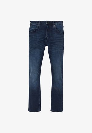 Ciemnoniebieskie, proste dżinsy z denimu, z przodem zapinanym na guziki, zamkiem błyskawicznym i pięcioma kieszeniami, przedstawione na białym tle.