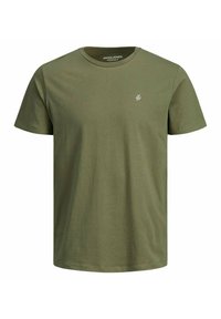 T-shirt en coton vert olive à manches courtes, col rond et petit logo blanc sur la poitrine gauche.