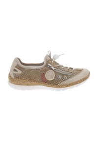 Sneakers leggeri realizzati in mesh traspirante di colore khaki con dettagli lucidi. Presentano una zeppa in sughero, suola in gomma bianca e una zip laterale.