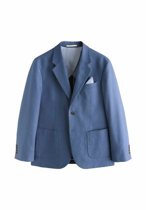 Blauer Herrenblazer mit Kerbkragen, Ein-Knopf-Verschluss, zwei aufgesetzten Fronttaschen und einem hellblau gestreiften Einstecktuch.