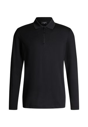 Polo noir à manches longues avec col zippé, fabriqué en tissu lisse, au design ajusté et à la silhouette minimaliste.