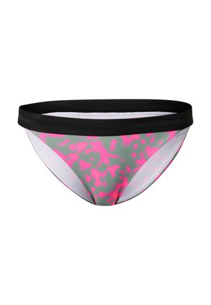 Bas de bikini taille basse avec une ceinture noire et un motif abstrait rose fluo sur fond gris.