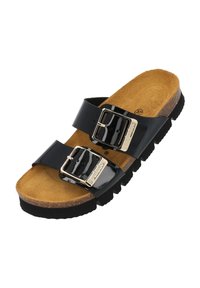Sandalo slide in pelle verniciata nera con due cinturini regolabili e fibbie argentate. Sottopiede in sughero e suola in gomma nera texturizzata.
