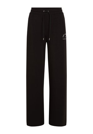 Pantalon de survêtement noir à coupe décontractée en tissu doux, avec une taille élastique munie d'un cordon de serrage et un petit logo sur le côté.