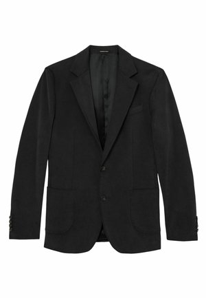Schwarzer Einreiher-Blazer mit Kerbkragen, zwei Knöpfen, aufgesetzten Taschen und geknöpften Manschetten, auf weißem Hintergrund dargestellt.