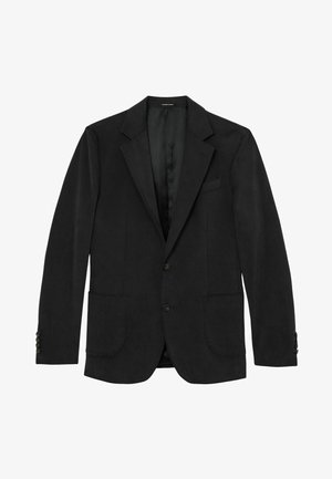 Schwarzer Einreiher-Blazer mit Kerbkragen, zwei Knöpfen, aufgesetzten Taschen und geknöpften Manschetten, auf weißem Hintergrund dargestellt.