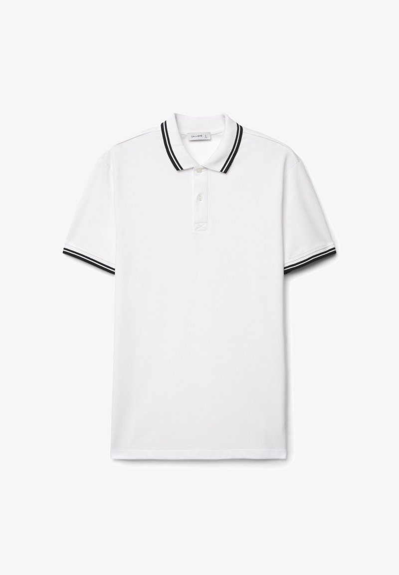 Weißes Polohemd mit kurzen Ärmeln, schwarzen Doppellinien am Kragen und an den Ärmelrändern, Zwei-Knopf-Leiste und kleinem Etikett innen am Kragen.