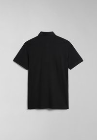 Polo nero con colletto classico, maniche corte e un tessuto liscio e strutturato. Nessun logo o motivo visibile sul retro.
