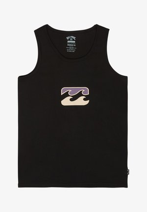 Schwarzes, ärmelloses Tanktop mit einem kleinen lila-beigen abstrakten Wellenlogo in der Mitte der Brust.