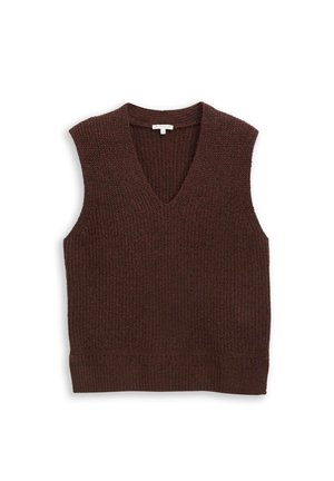 Pull sans manches en tricot avec un décolleté en V profond dans une couleur marron rouge foncé. Tissu texturé avec des détails de bord côtes.