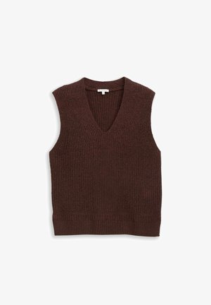 Gestrickter, ärmelloser Pullover mit tiefem V-Ausschnitt in einem dunkel rotbraunen Farbton. Strukturierter Stoff mit gerippten Saumdetails.