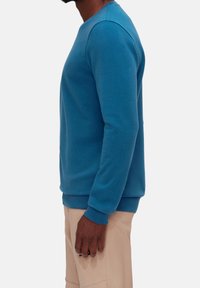 Blå bomullströja med rund halsringning och ribbad mudd och nederkant, med en mjuk textur och normal passform. Visas i sidoprofil.