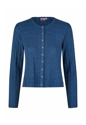 Blaue Strickjacke mit Zopfmuster, langen Ärmeln und runden silbernen Dekoknöpfen entlang der Vorderseite.