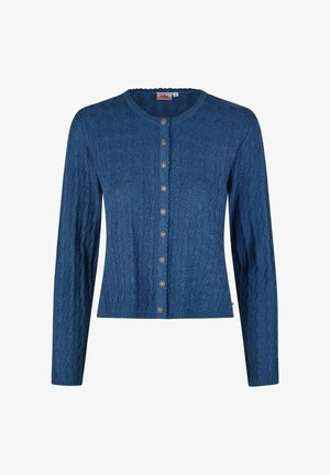 Blaue Strickjacke mit Zopfmuster, langen Ärmeln und runden silbernen Dekoknöpfen entlang der Vorderseite.