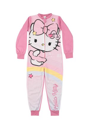 Pink children's onesie with long sleeves featuring a large Hello Kitty face, stars, a rainbow, and "Hello Kitty" text on the leg.