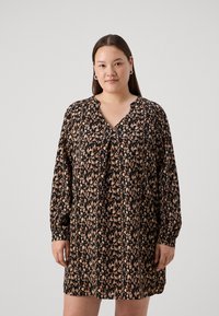 Μαύρο φόρεμα με λουλουδάτο μοτίβο σε αποχρώσεις μπεζ και καφέ. Διαθέτει V-ντεκολτέ και μακριά μανίκια με ραμμένα μανίκια.