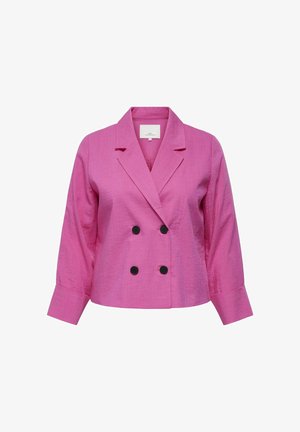 Blazer doppio petto rosa realizzato in tessuto texturizzato, con bottoni neri, colletto a cappotto e maniche lunghe.