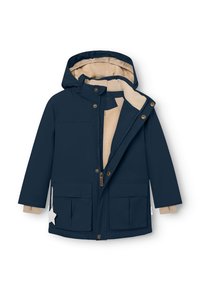 Giacca esterna blu navy con fodera in pile beige, cappuccio e due tasche frontali. Presenta bottoni a pressione dorati e un accento a forma di stella.