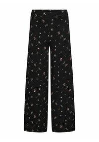 Zwarte wijde broek gemaakt van gestructureerde stof, met een bloemenpatroon waarin kleine roze en blauwe bloemen verspreid zijn.