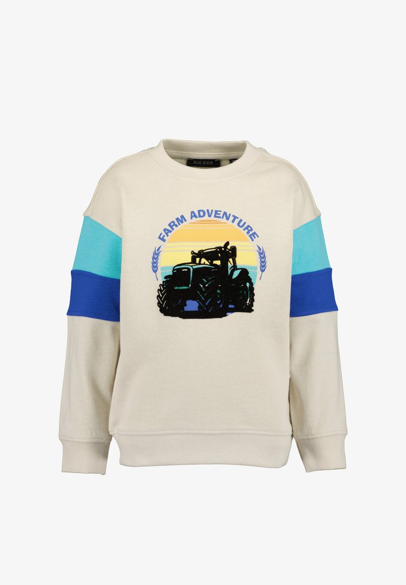 Sweatshirt à col rond en crème avec des manches bleues et turquoise. Il arbore un graphisme de tracteur et le texte "AVENTURE À LA FERME" en marine. Texture douce.