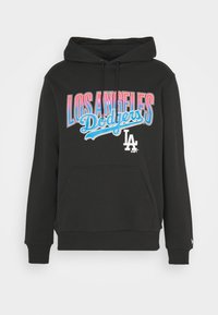 Un sweatshirt noir avec une poche kangourou à l'avant, comportant un texte multicolore "LOS ANGELES Dodgers" et le logo "LA" sur la poitrine.