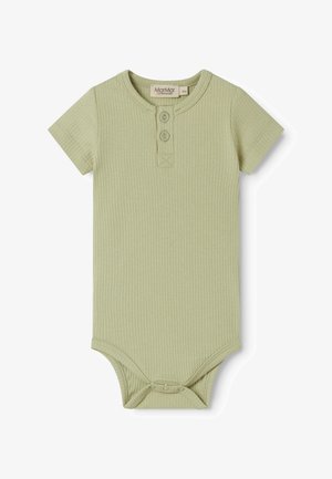 Svijetlo zelena rebrasta bodi majica kratkih rukava za bebe s dva prednja gumba i kopčama na dnu, veličina 9 mjeseci.