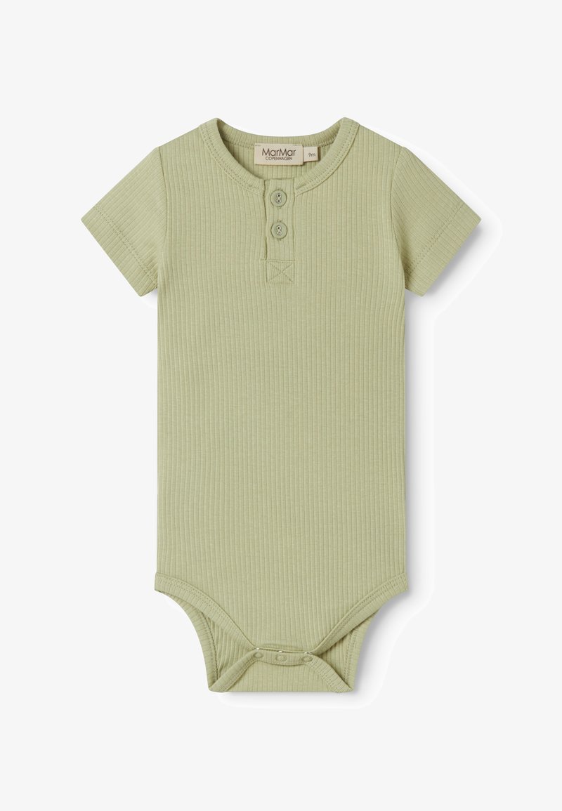 Body bébé à manches courtes côtelé vert clair avec deux boutons à l'avant et des fermetures à pression au bas, taille 9 mois.