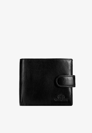 Zwarte leren bi-fold portemonnee met drukknoopsluiting en geperst logo rechtsonder op een witte achtergrond.