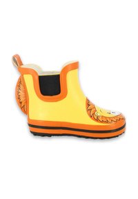 Gelbe Gummiregenstiefel mit orangefarbenen Akzenten, Löwenkopfdesign an der Spitze, strukturierte Sohle und elastisches Panel für ein einfaches Anziehen.