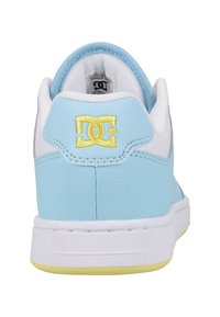 Light blue leather sneaker with white accents, yellow embroidered logo on the heel, padded collar, and textured rubber sole.
