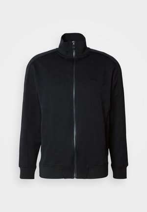 Black zip-up jacket with a high collar, textured pattern, long sleeves, ribbed cuffs, and a straight hem. Features branded logo on the chest.