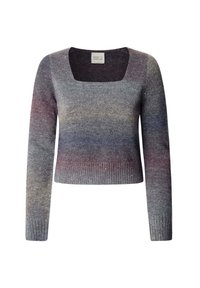 Grauer gestrickter Pullover mit quadratischem Ausschnitt, langen Ärmeln, geripptem Saum und einem Farbverlaufsmuster mit Anklängen von Lila und Blau.