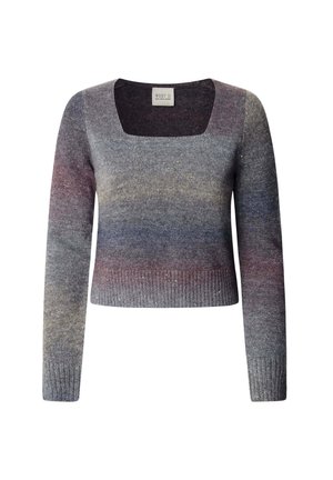 Suéter gris de punto con escote cuadrado, mangas largas, dobladillo acanalado y un patrón de color degradado que presenta toques de púrpura y azul.