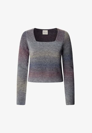 Hallide kudumiskampsun ruudukujulise kaelusega, pikkade varrukatega, ribaga äärega ja gradientvärviga, mis sisaldab lillat ja sinist tooni.