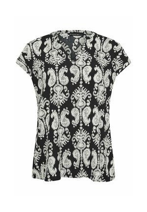 Blusa nera a maniche corte con motivo bianco intricatamente paisley e scollo rotondo, con etichetta "EVANS" all'interno del colletto.