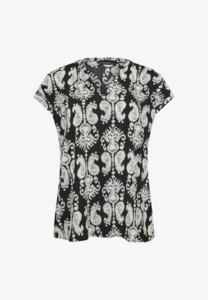 Sort kortærmet bluse med hvidt indviklet paisley-lignende mønster og rund halsudskæring, mærket "EVANS" på indersiden af kraven.