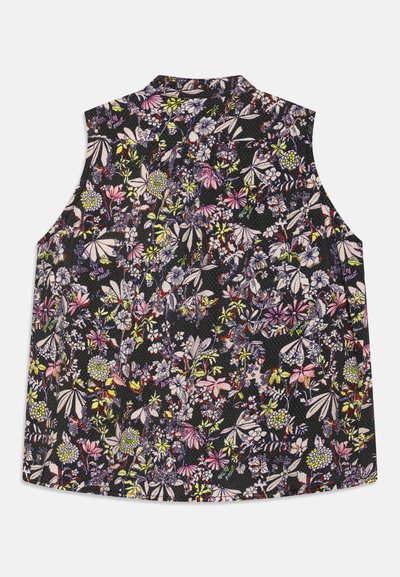 Blomstrete ermeløs topp med mørk bakgrunn og flerfargede blomster, teksturert stoff, og klassisk krage design.
