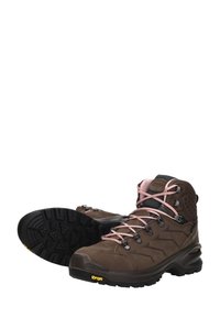 Bruine wandelschoenen met roze veters, een gestructureerde bovenkant en een rubberen buitenzool met een geprofileerd loopvlak voor grip. Beschermend enkelontwerp.