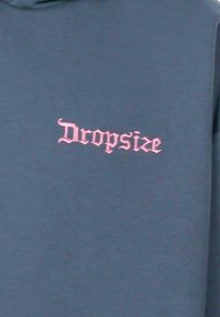 Sweat-shirt gris foncé avec le texte brodé en rose "Dropsize". Design simple avec une texture douce et une coupe décontractée.