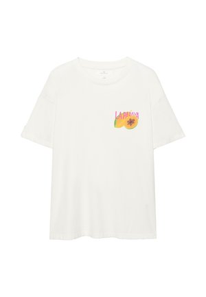 Fehér rövid ujjú póló színes papaya grafikával és a "LA PAPAYA" felirattal a bal mellrészen.