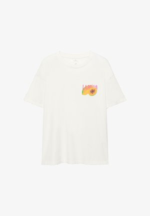 Biele tričko s krátkym rukávom s farebnou grafikou papáje a textom "LA PAPAYA" na ľavej strane hrudníka.