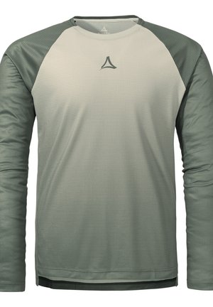 Langarm-Sportshirt mit einem Farbverlauf von Hellgrün zu Dunkelgrün, strukturiertem Stoff und einem kleinen Logo auf der Brust.