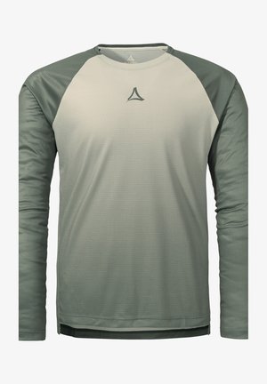 Langarm-Sportshirt mit einem Farbverlauf von Hellgrün zu Dunkelgrün, strukturiertem Stoff und einem kleinen Logo auf der Brust.