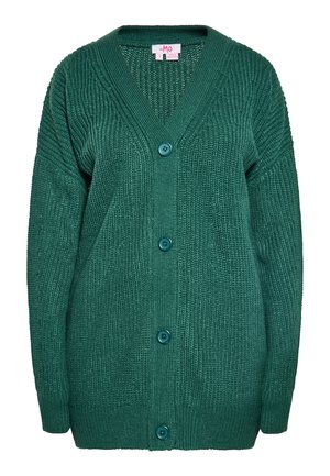 Grüne gestrickte Cardigan mit V-Ausschnitt, ausgestattet mit geripptem Design, langen Ärmeln und vier türkisen Knöpfen auf der Vorderseite.